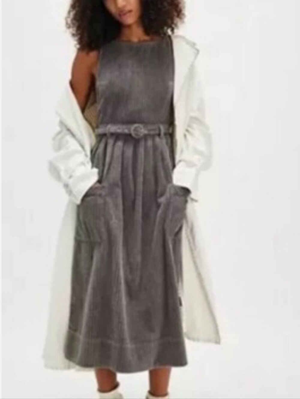 Free People Backless The Other Side Midi Dress in Gray Corduroy - Picture 2 of 8